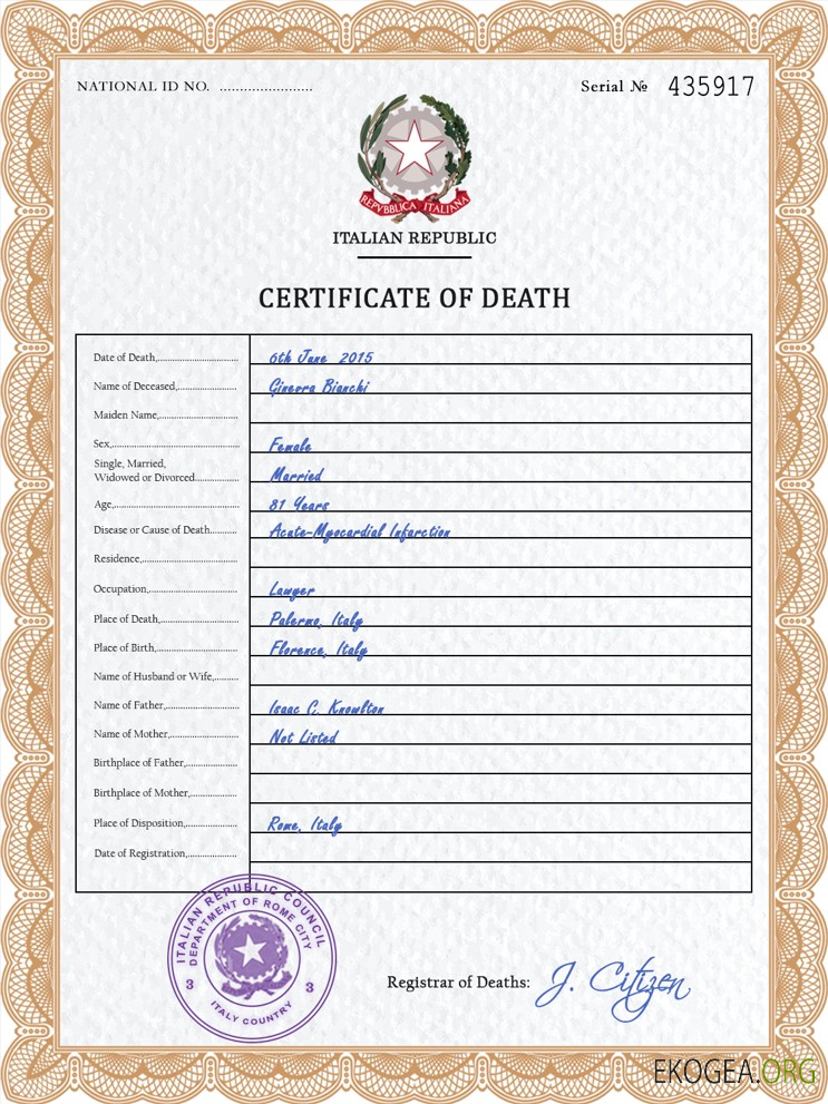 Modèle PSD de certificat de décès de l'état civil de l'Italie